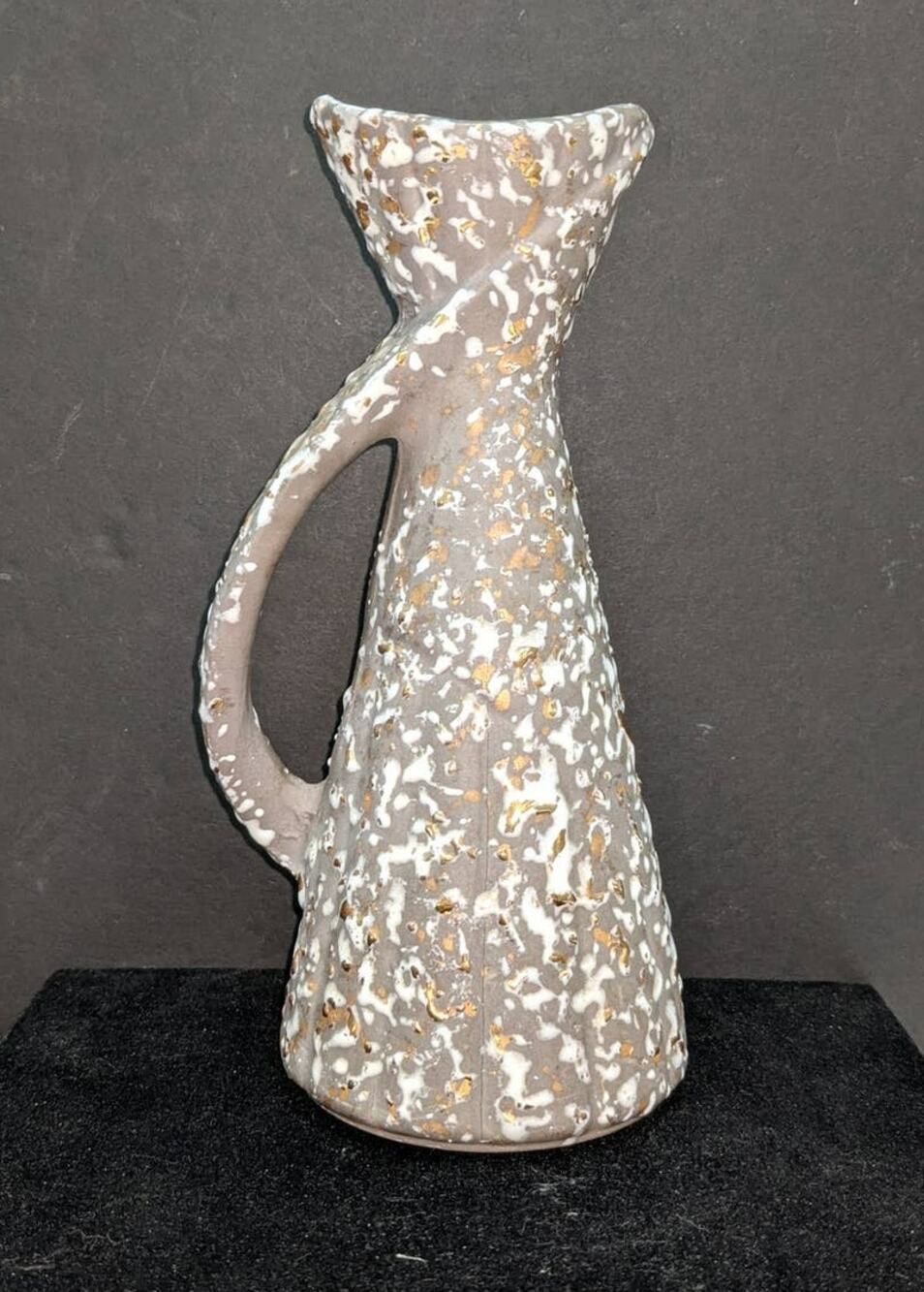 Vintage Savoy China Mid Century 24K Gold Splatterware Pitcher Vase Gray White
